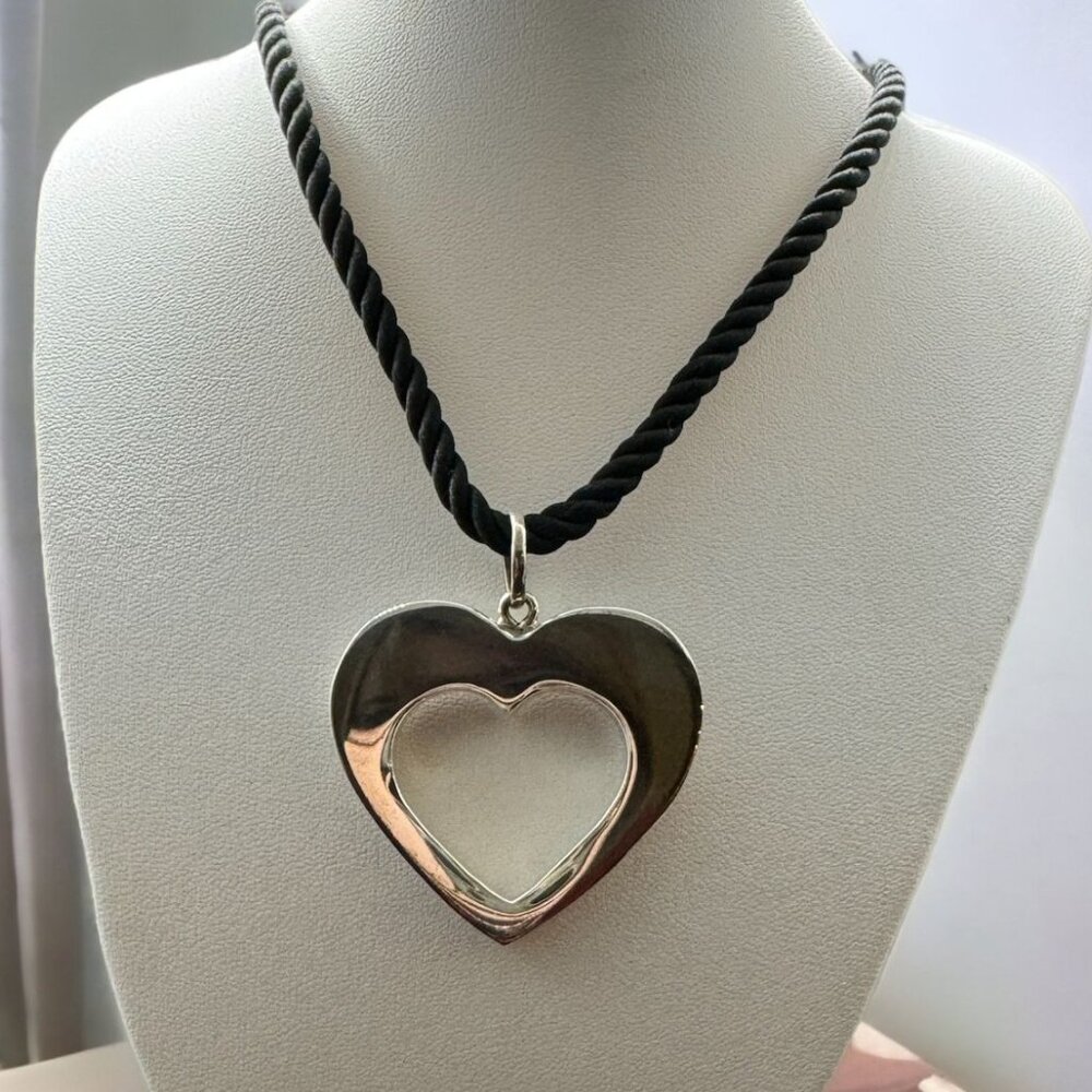 Sterling Silver .925 Heart Pendant Artisan‎ Crafted Open Heart 24" Black Rope